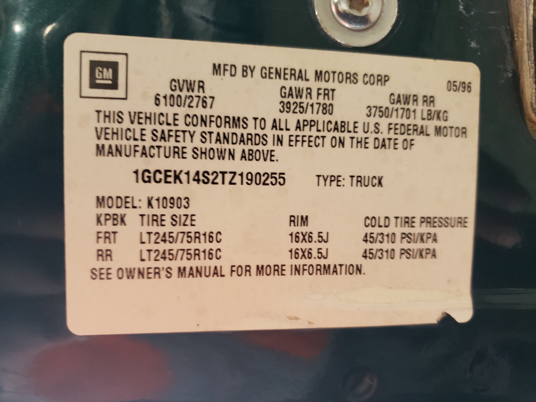 1GCEK14S2TZ190255 1996 Chevrolet Gmt-400 K1500