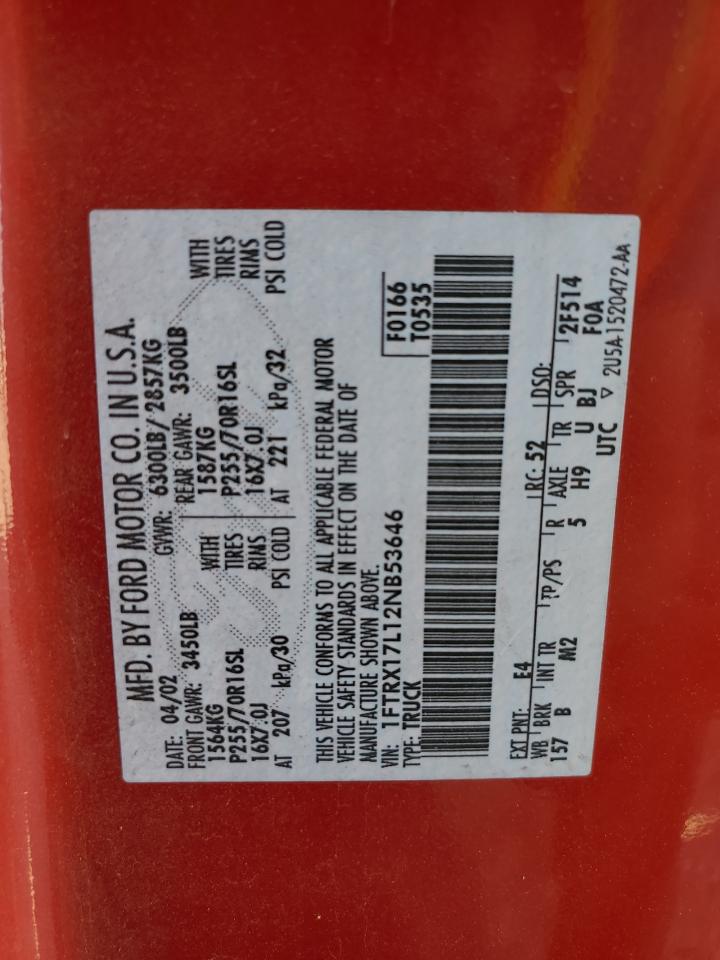 2002 Ford F150 VIN: 1FTRX17L12NB53646 Lot: 63631274