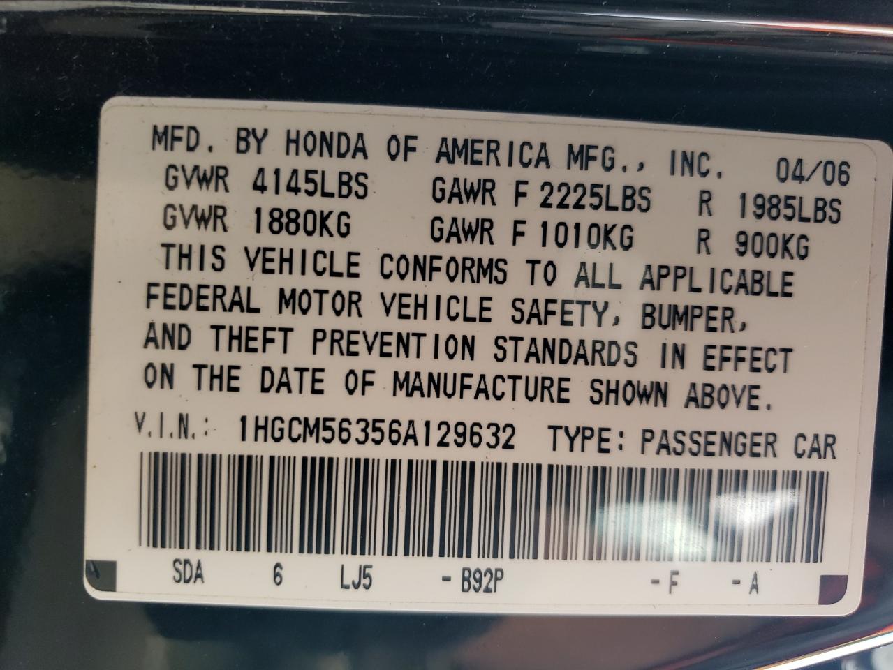 2006 Honda Accord Se VIN: 1HGCM56356A129632 Lot: 63732944