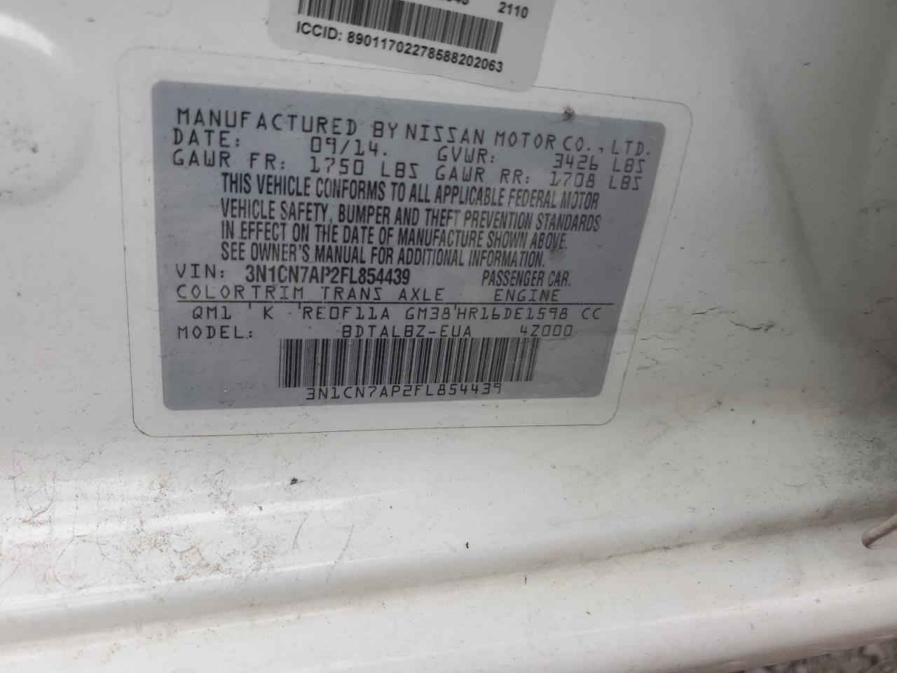 2015 Nissan Versa S VIN: 3N1CN7AP2FL854439 Lot: 63455404