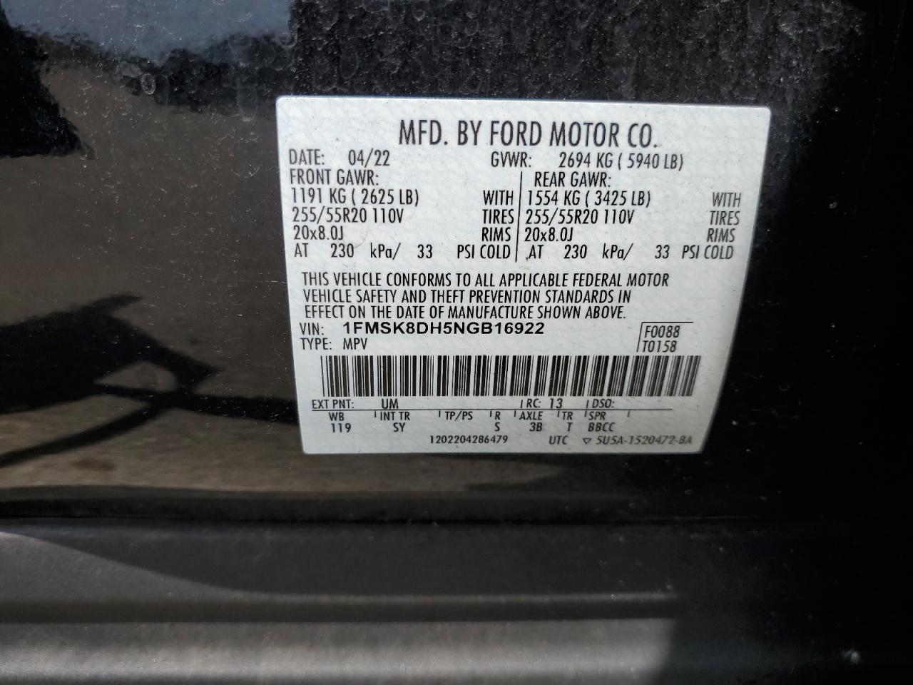 2022 Ford Explorer Xlt VIN: 1FMSK8DH5NGB16922 Lot: 62048484