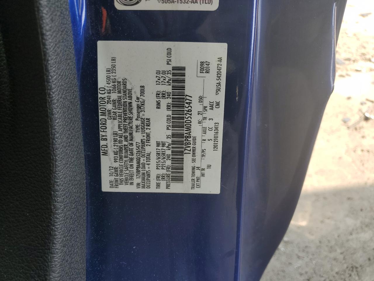 2013 Ford Mustang VIN: 1ZVBP8AM0D5265477 Lot: 62933804