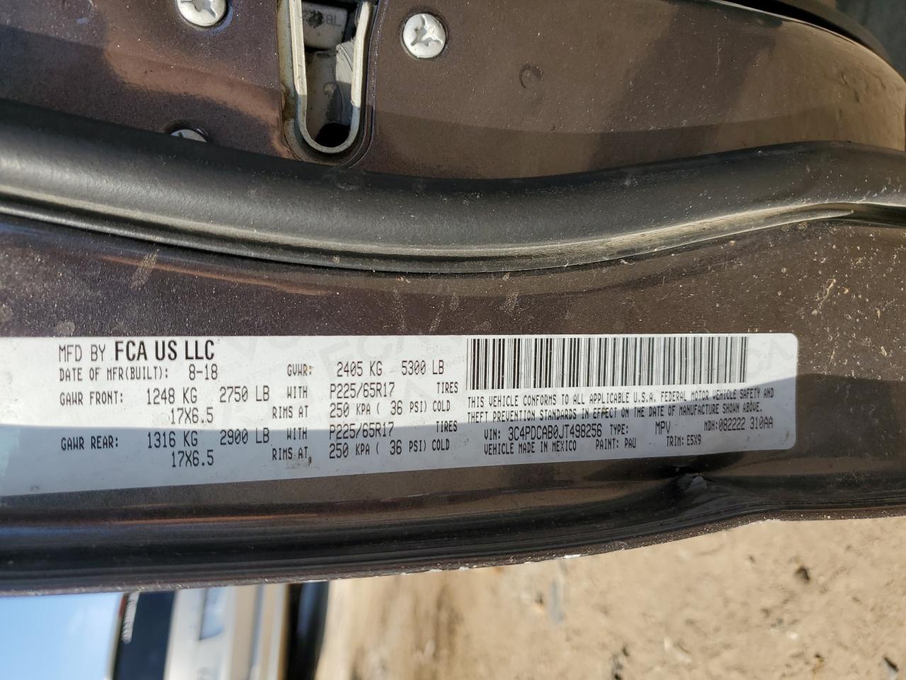 2018 Dodge Journey Se VIN: 3C4PDCAB0JT498256 Lot: 62362474