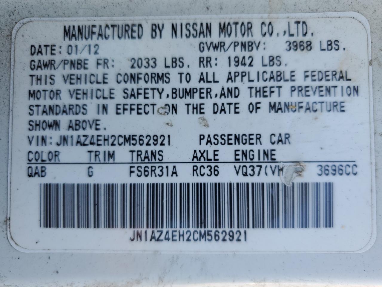 2012 Nissan 370Z Base VIN: JN1AZ4EH2CM562921 Lot: 64654044