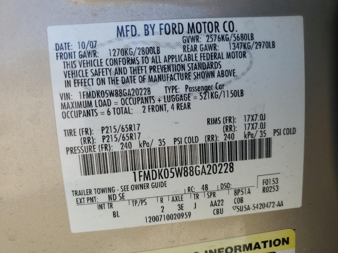 1FMDK05W88GA20228 2008 Ford Taurus X Sel