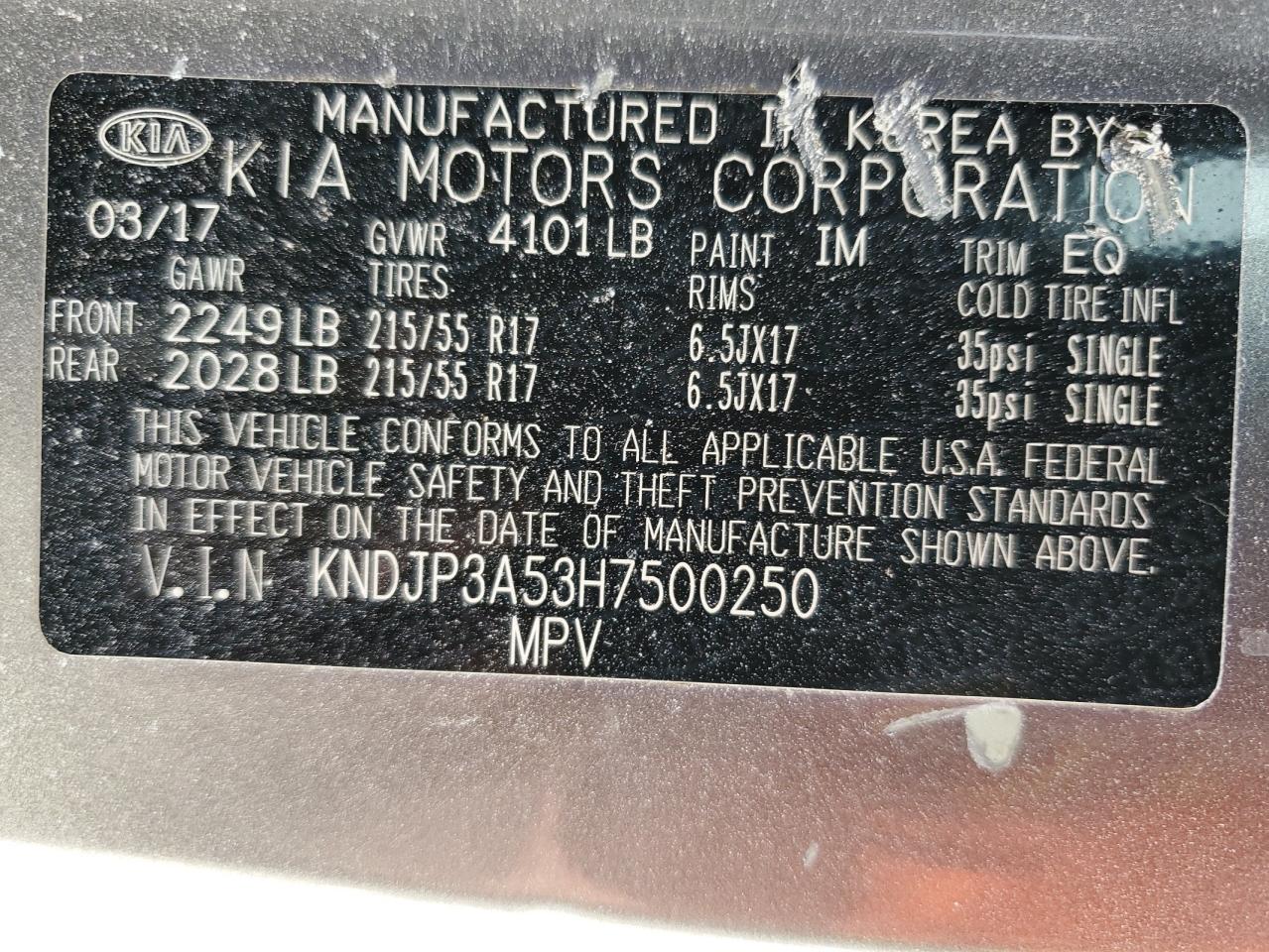 2017 Kia Soul + VIN: KNDJP3A53H7500250 Lot: 65194064