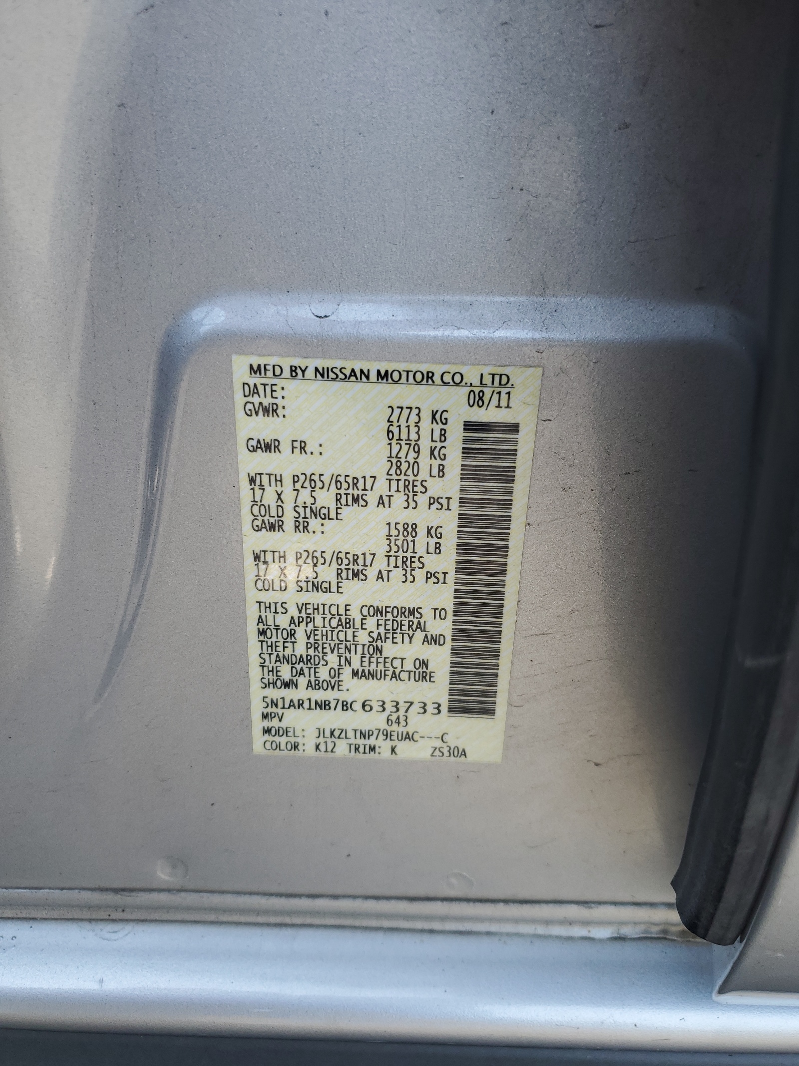 5N1AR1NB7BC633733 2011 Nissan Pathfinder S