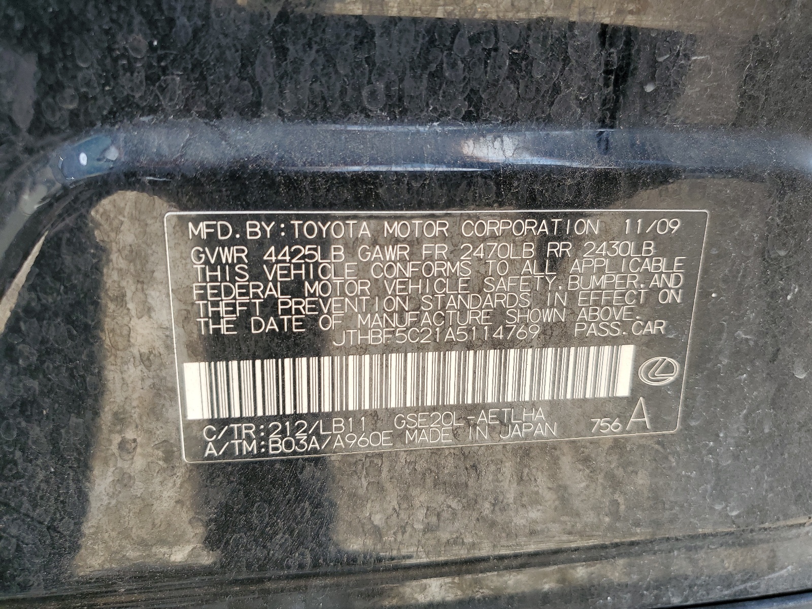 JTHBF5C21A5114769 2010 Lexus Is 250