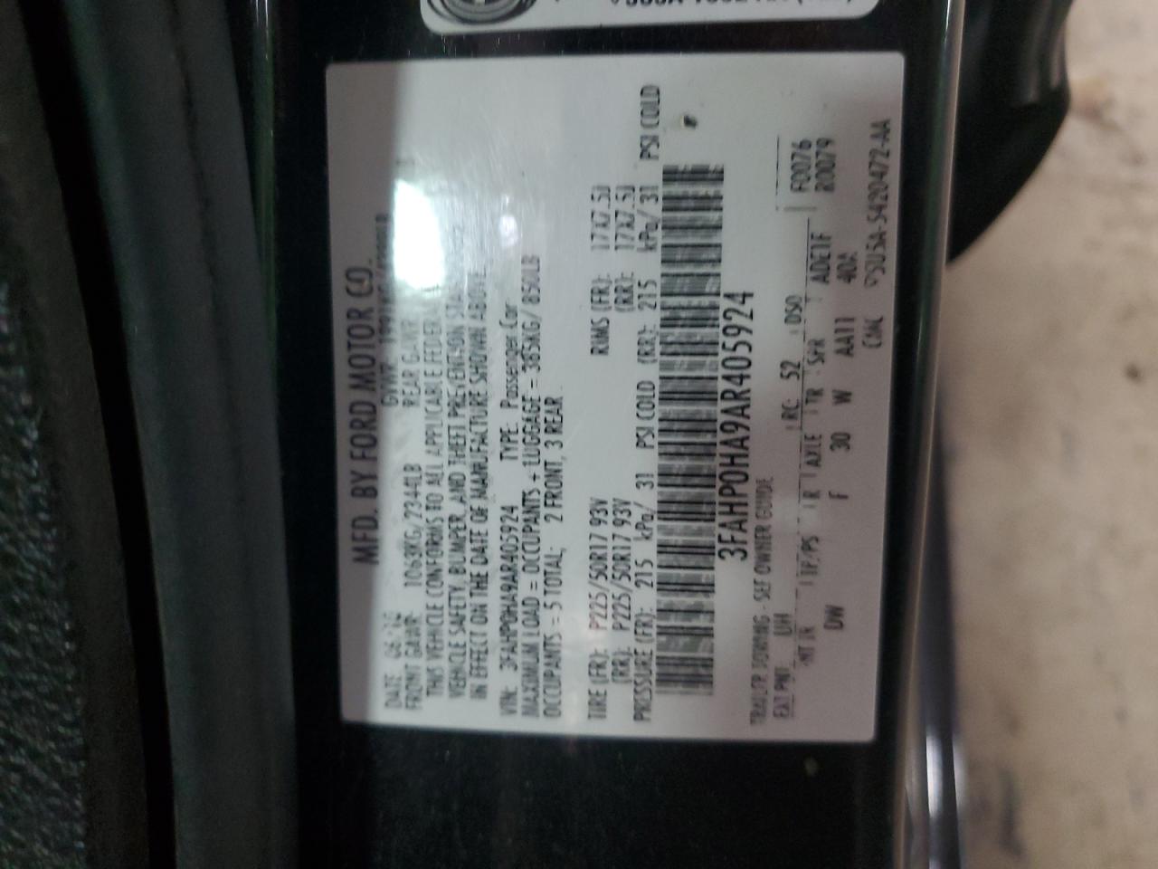 2010 Ford Fusion Se VIN: 3FAHP0HA9AR405924 Lot: 64346794