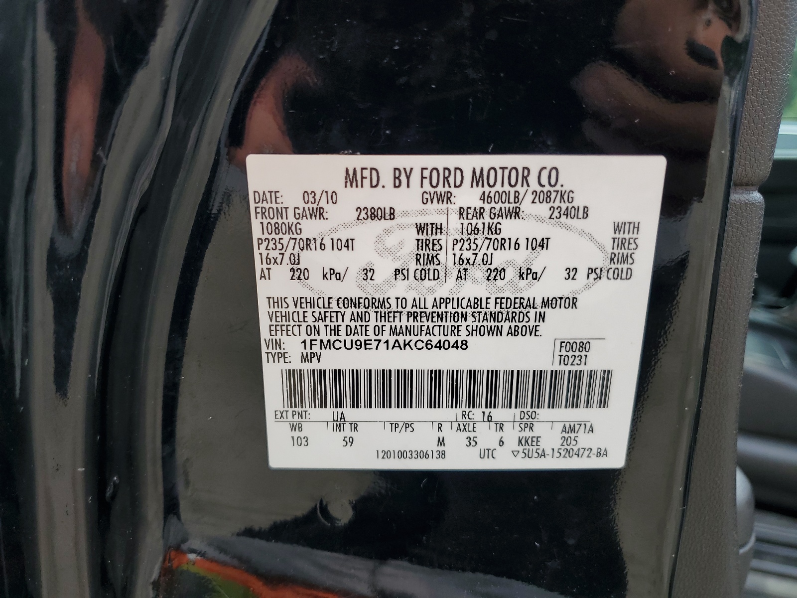 1FMCU9E71AKC64048 2010 Ford Escape Limited
