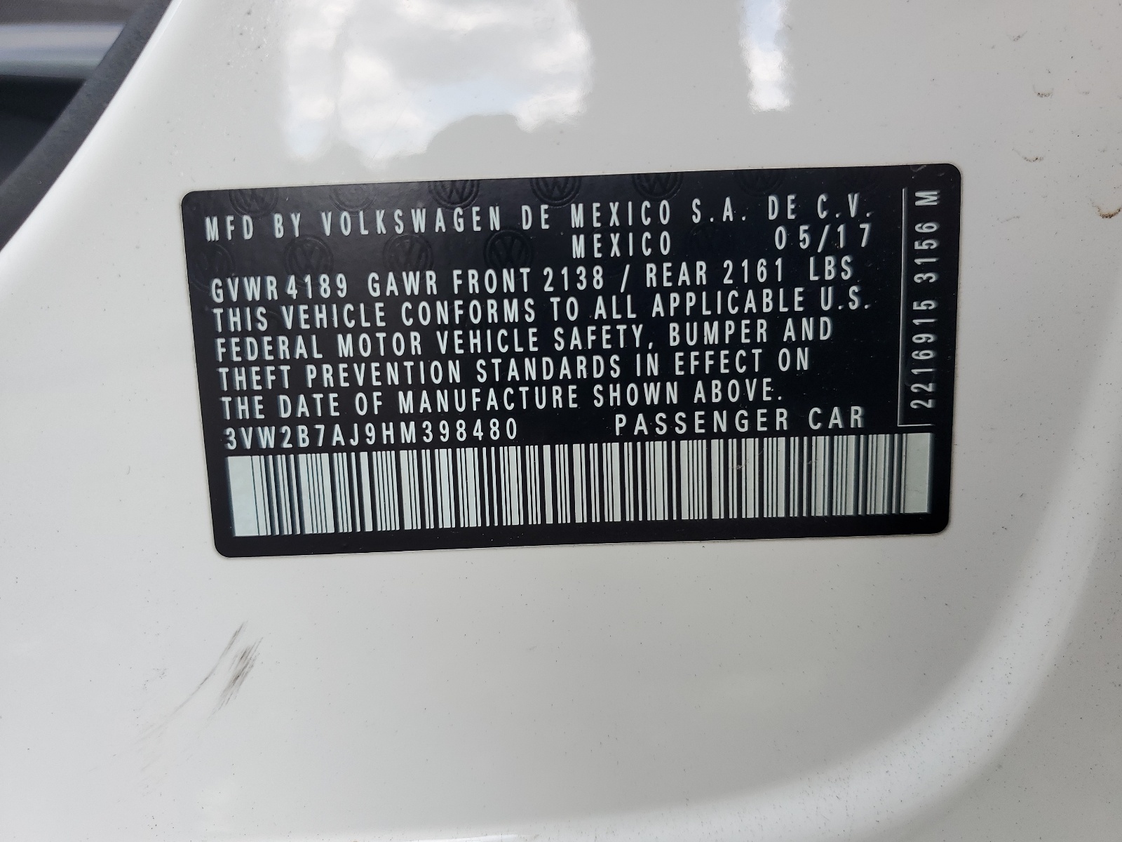 3VW2B7AJ9HM398480 2017 Volkswagen Jetta S