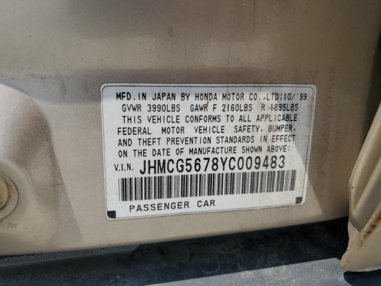 2000 Honda Accord Se VIN: JHMCG5678YC009483 Lot: 65684264