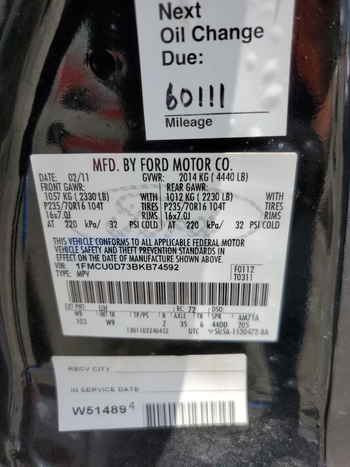 2011 Ford Escape Xlt VIN: 1FMCU0D73BKB74592 Lot: 62987634