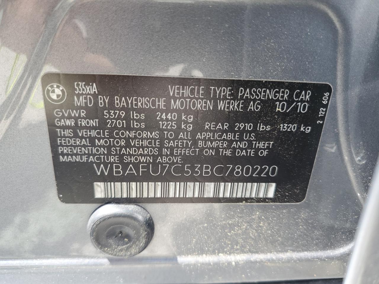 2011 BMW 535 Xi VIN: WBAFU7C53BC780220 Lot: 62837594