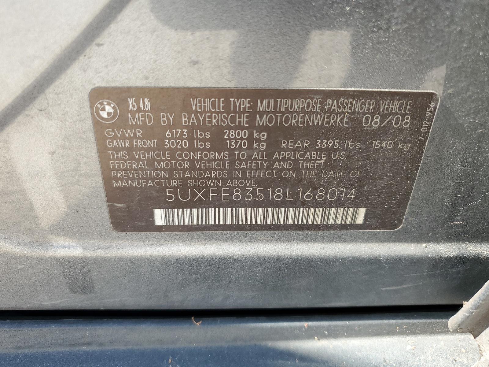 5UXFE83518L168014 2008 BMW X5 4.8I