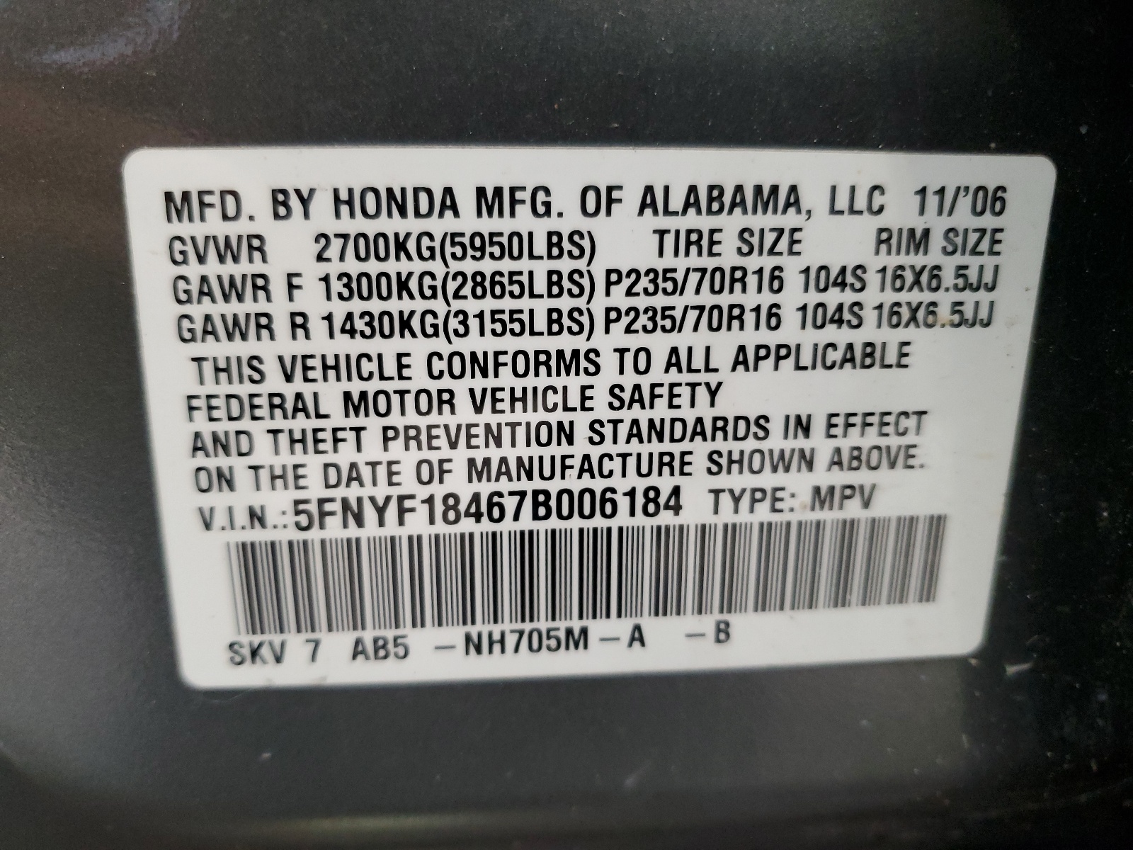 5FNYF18467B006184 2007 Honda Pilot Ex