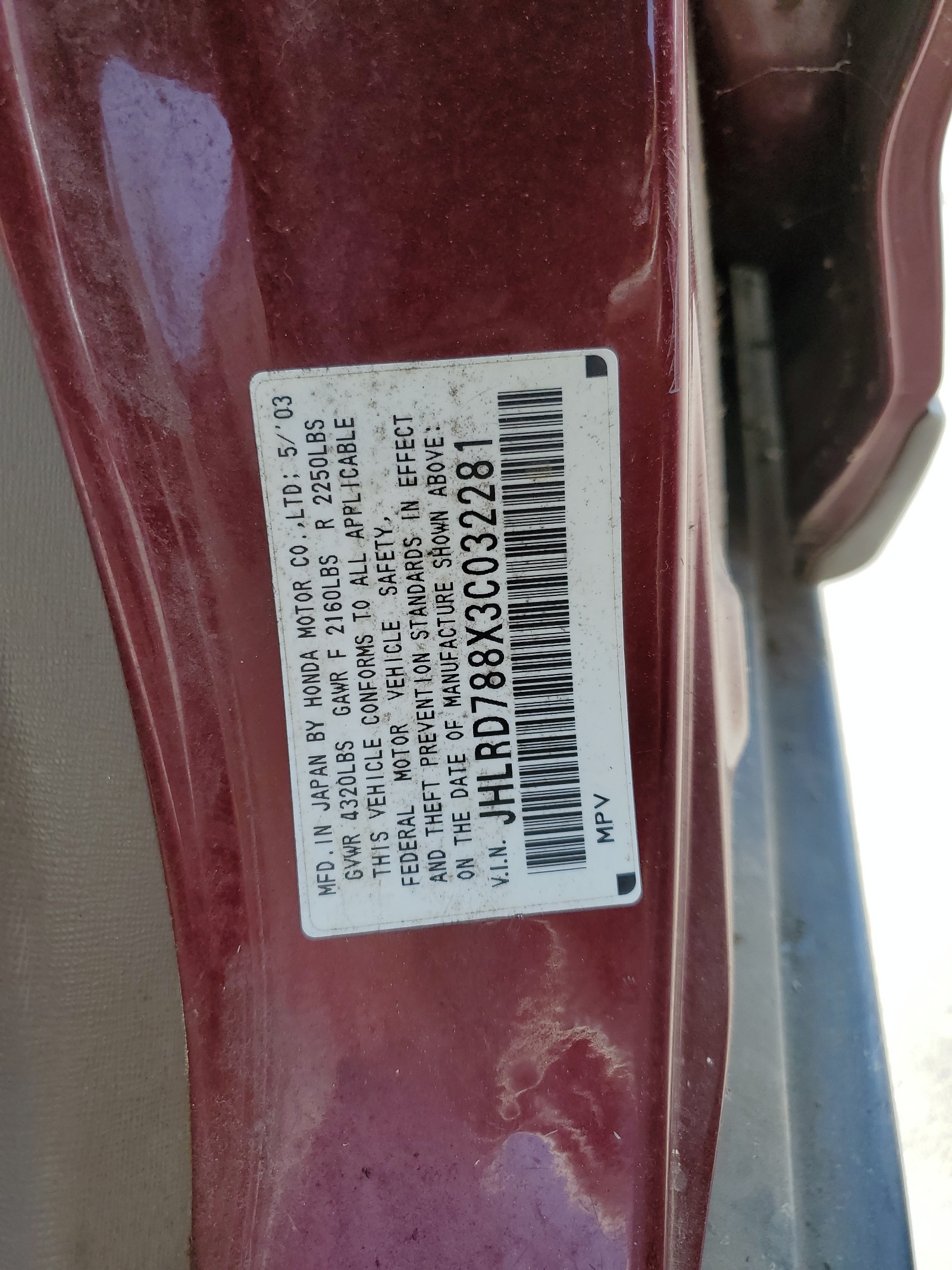 JHLRD788X3C032281 2003 Honda Cr-V Ex