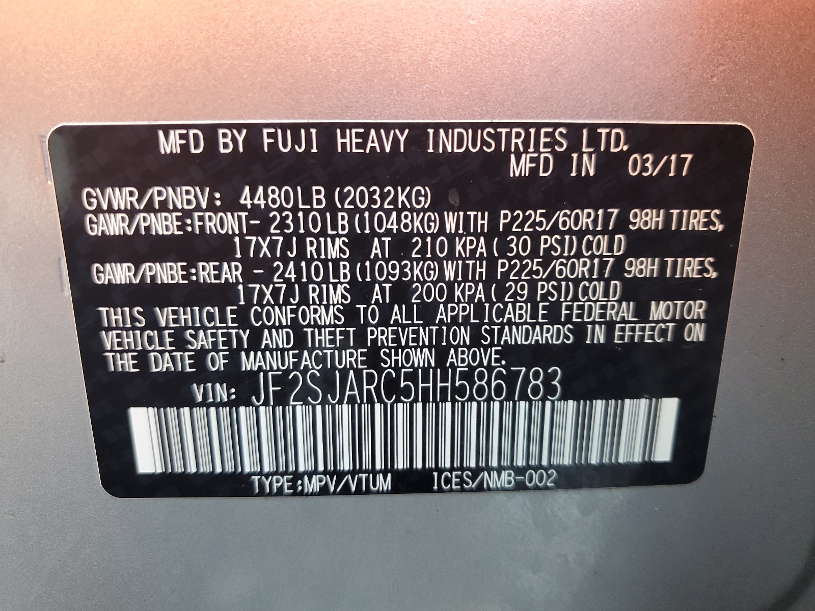 JF2SJARC5HH586783 2017 Subaru Forester 2.5I Limited