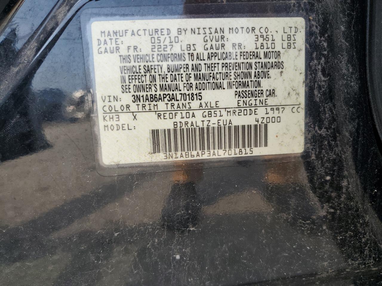 2010 Nissan Sentra 2.0 VIN: 3N1AB6AP3AL701815 Lot: 63390354