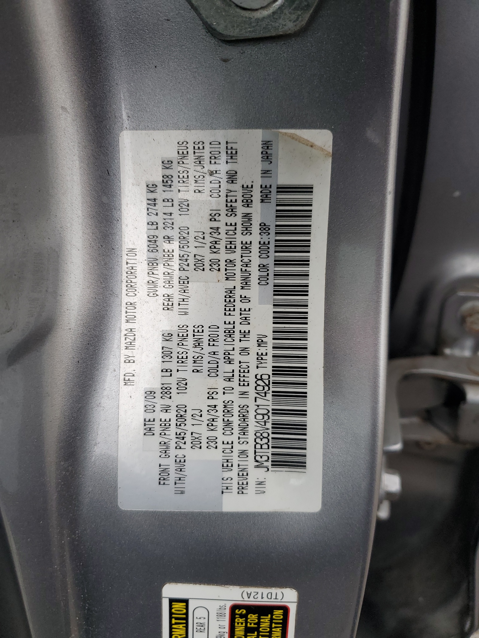 JM3TB38V490174926 2009 Mazda Cx-9