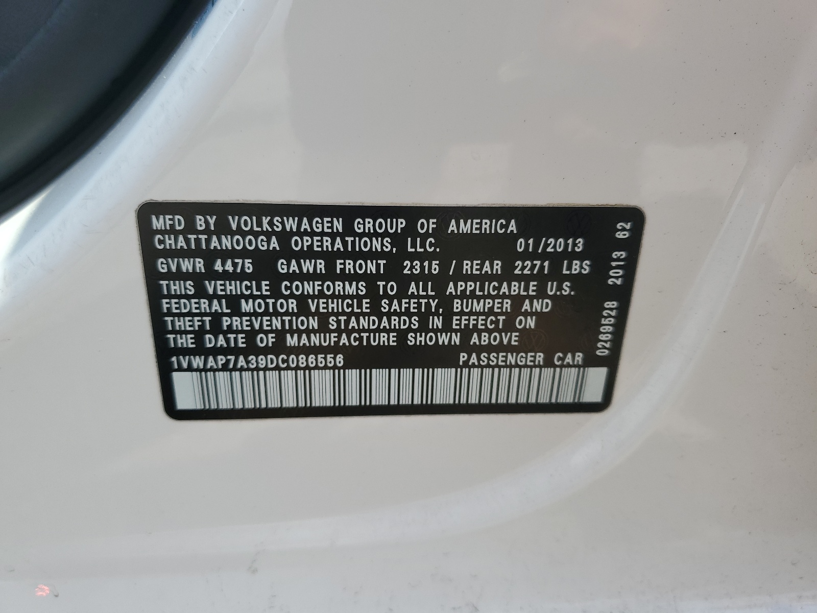 1VWAP7A39DC086556 2013 Volkswagen Passat S