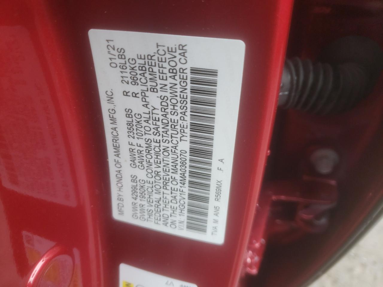 2021 Honda Accord Lx VIN: 1HGCV1F14MA036070 Lot: 63137254