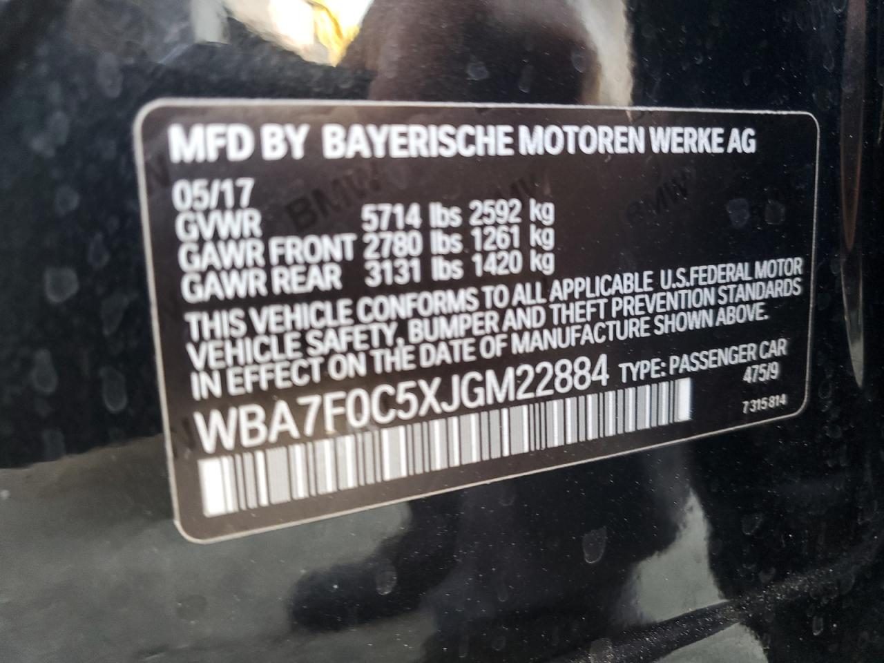 WBA7F0C5XJGM22884 2018 BMW 750 I