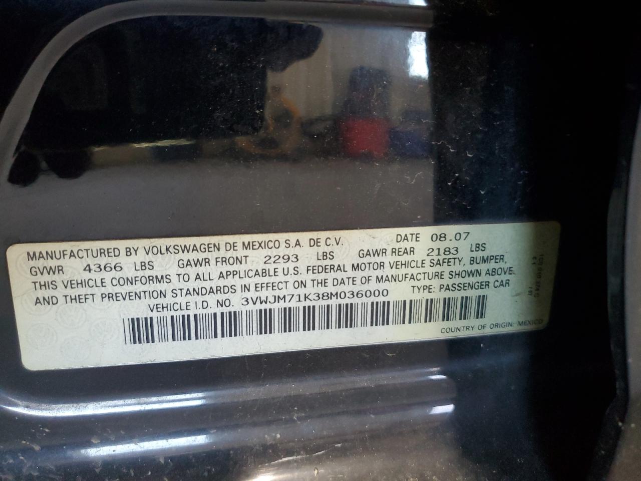 2008 Volkswagen Jetta S VIN: 3VWJM71K38M036000 Lot: 63520494