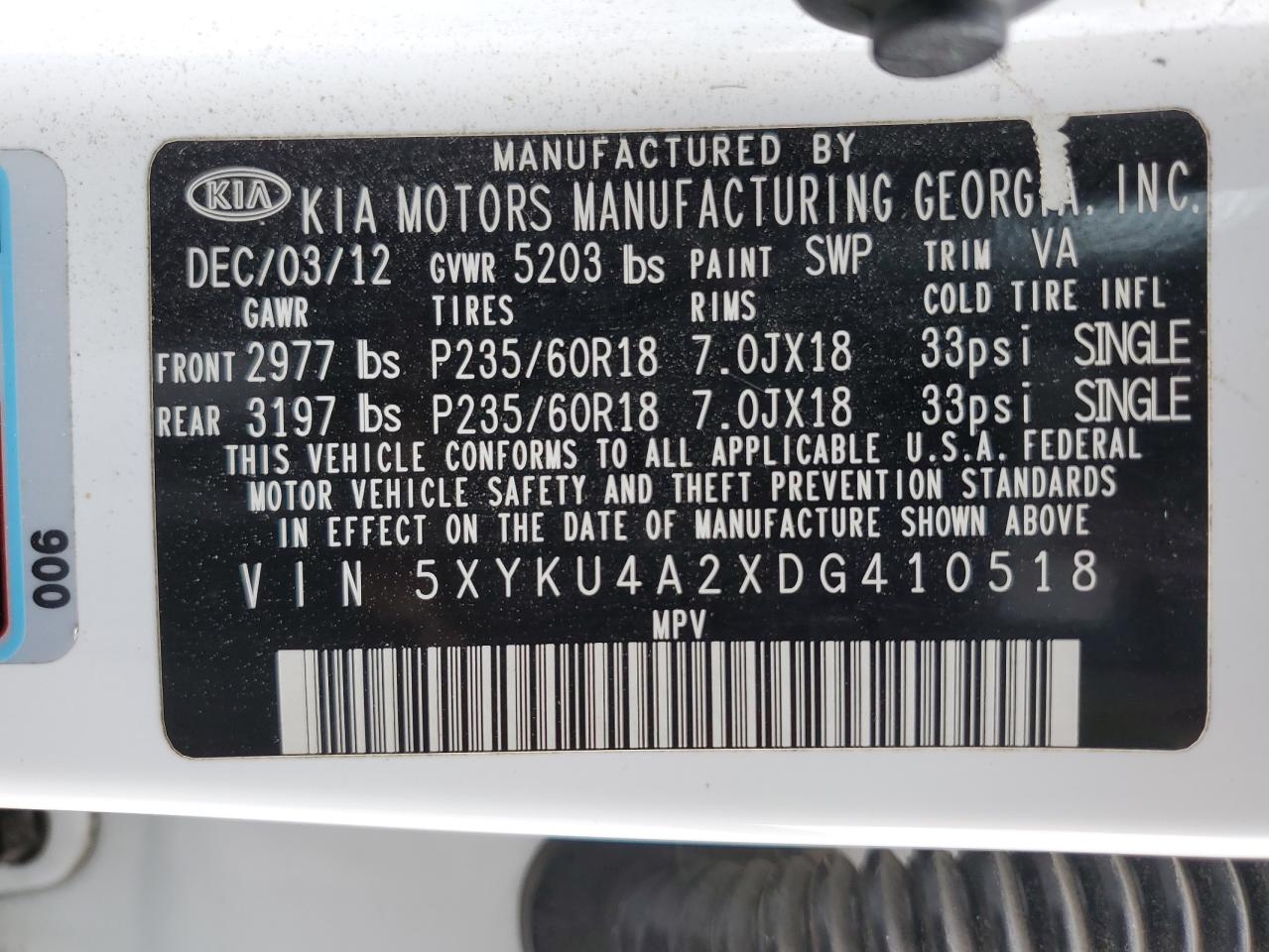 5XYKU4A2XDG410518 2013 Kia Sorento Ex