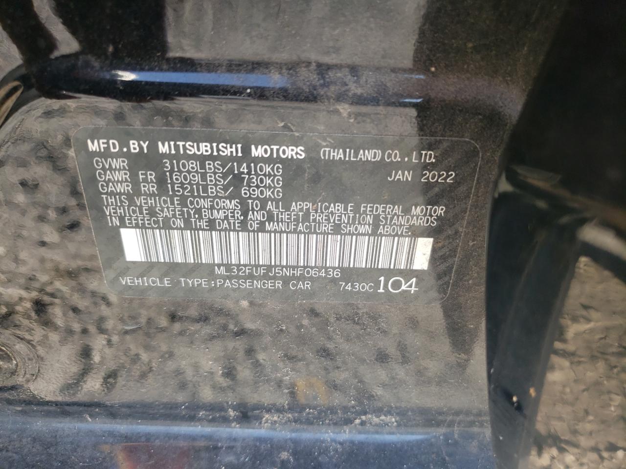 2022 Mitsubishi Mirage G4 Es VIN: ML32FUFJ5NHF06436 Lot: 64234904