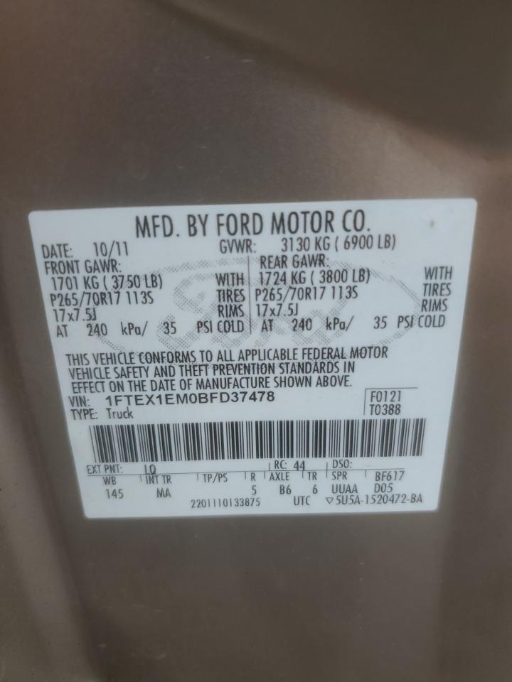 2011 Ford F150 Super Cab VIN: 1FTEX1EM0BFD37478 Lot: 63125264