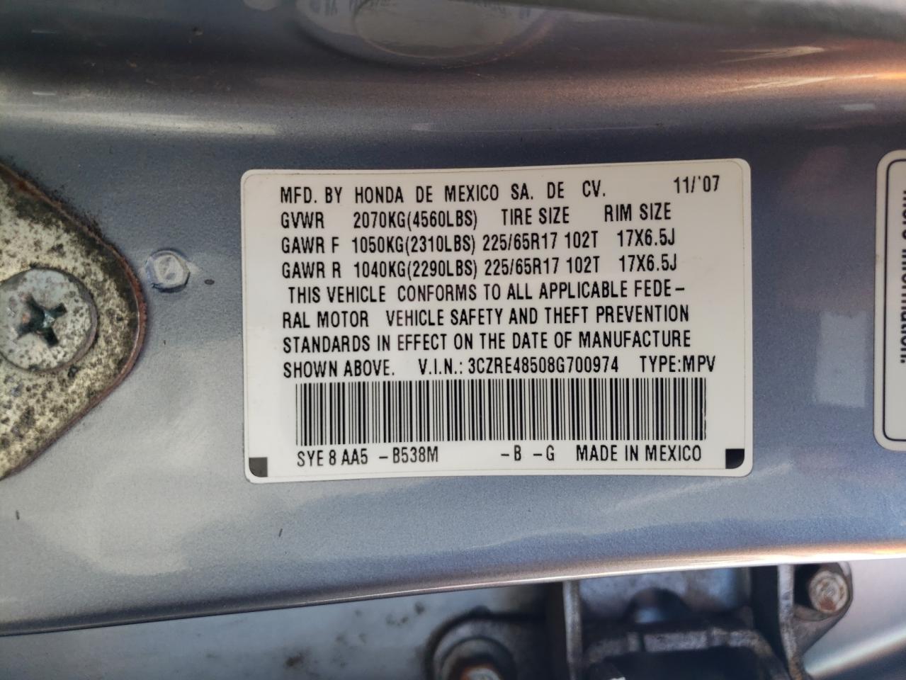 2008 Honda Cr-V Ex VIN: 3CZRE48508G700974 Lot: 63126714