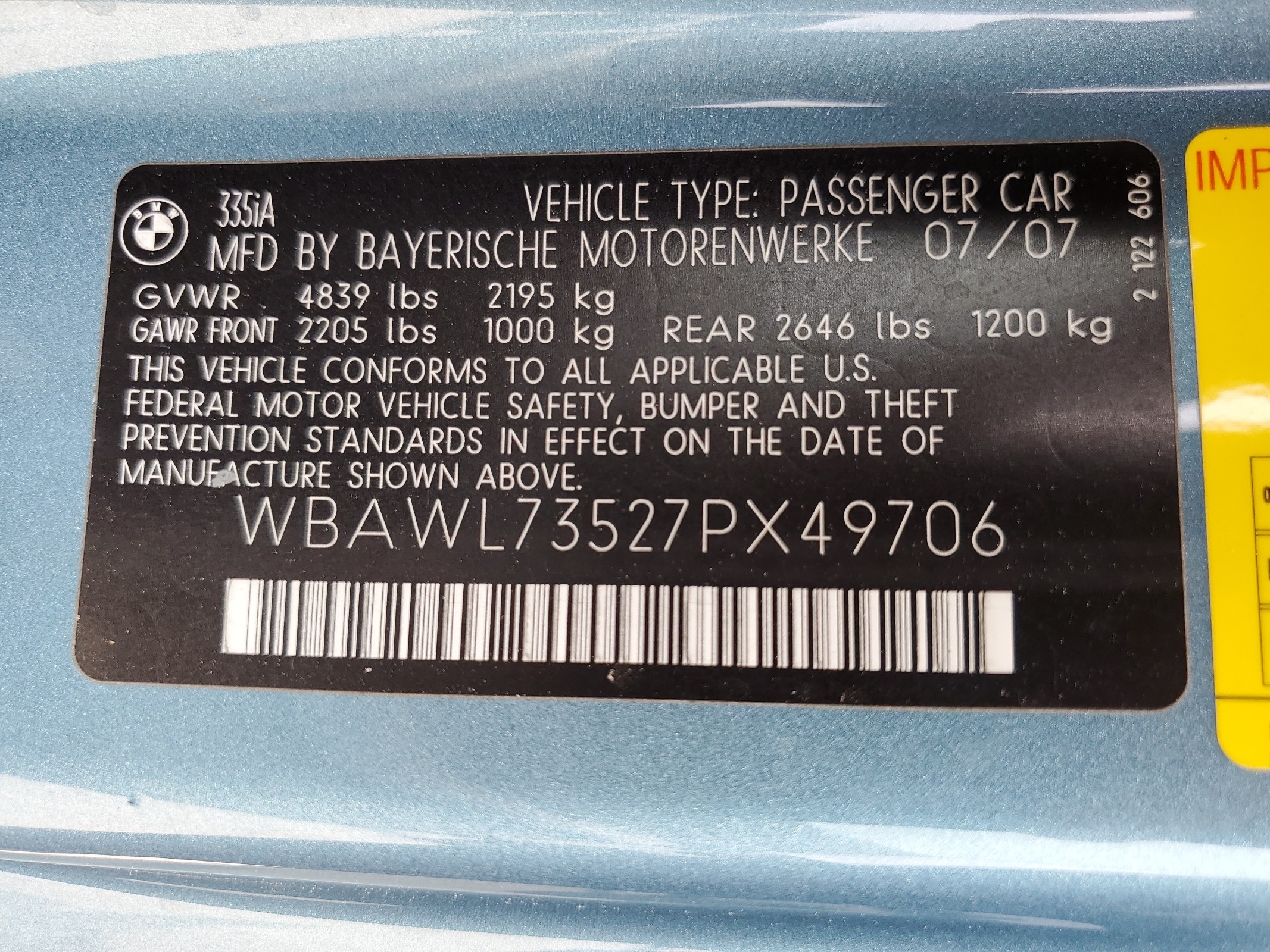 WBAWL73527PX49706 2007 BMW 335 I