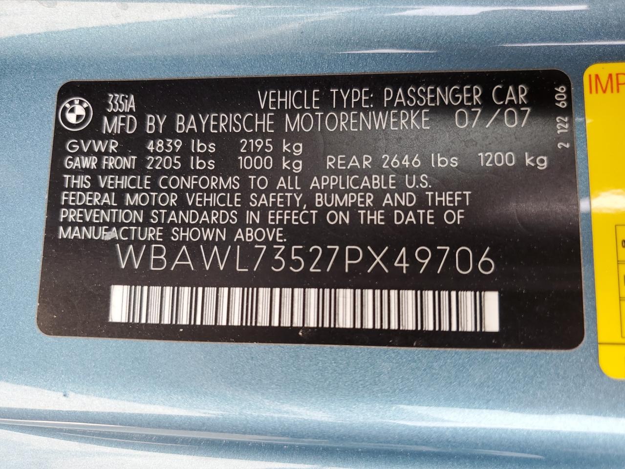 2007 BMW 335 I VIN: WBAWL73527PX49706 Lot: 63994434