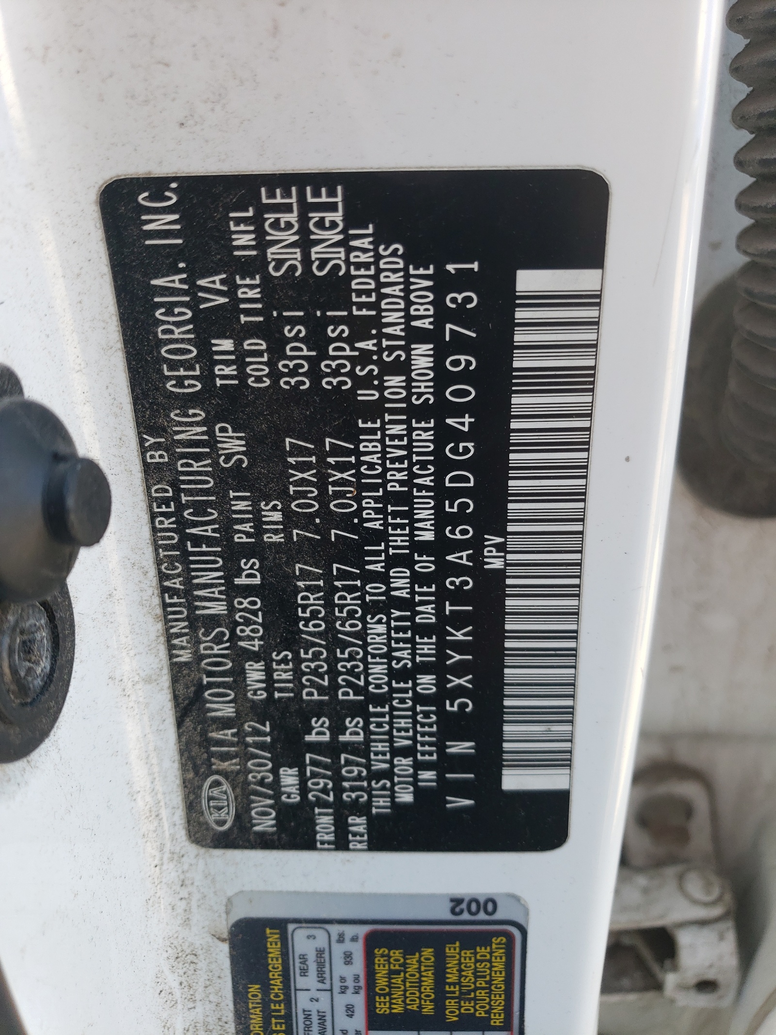 5XYKT3A65DG409731 2013 Kia Sorento Lx