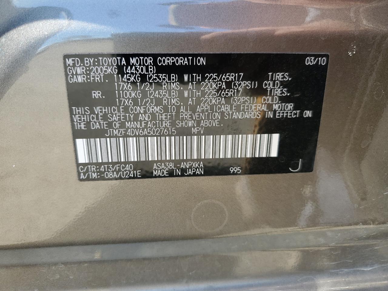 2010 Toyota Rav4 VIN: JTMZF4DV6A5027615 Lot: 64909904