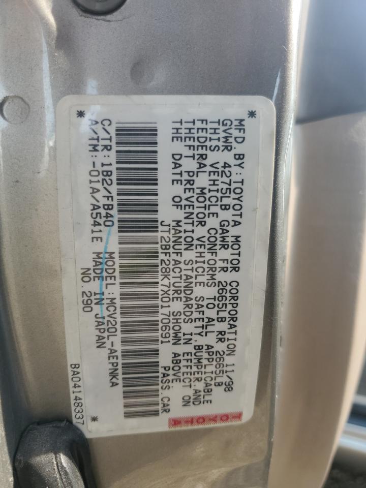 1999 Toyota Camry Le VIN: JT2BF28K7X0170691 Lot: 63001744