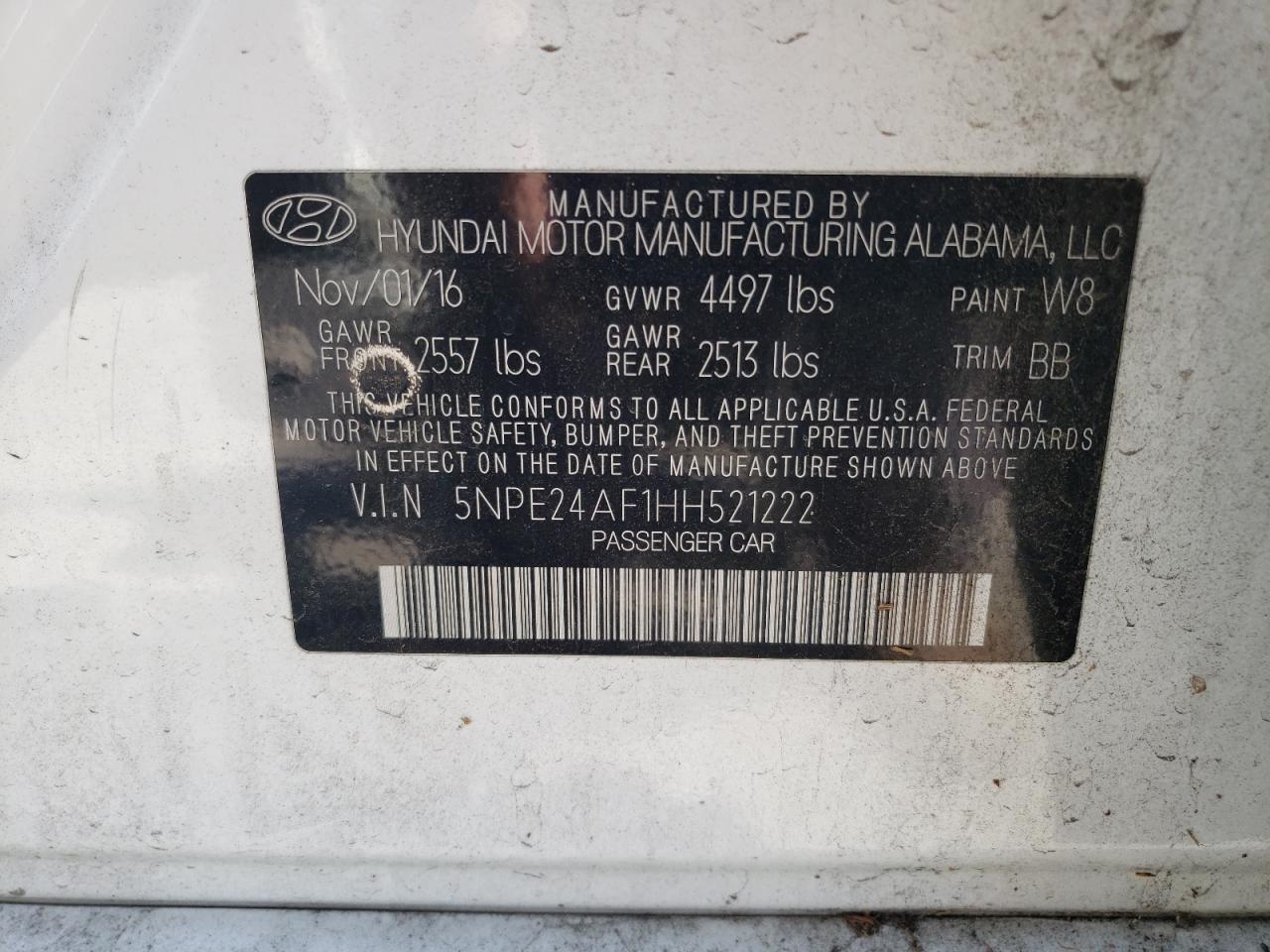 2017 Hyundai Sonata Se VIN: 5NPE24AF1HH521222 Lot: 65194954