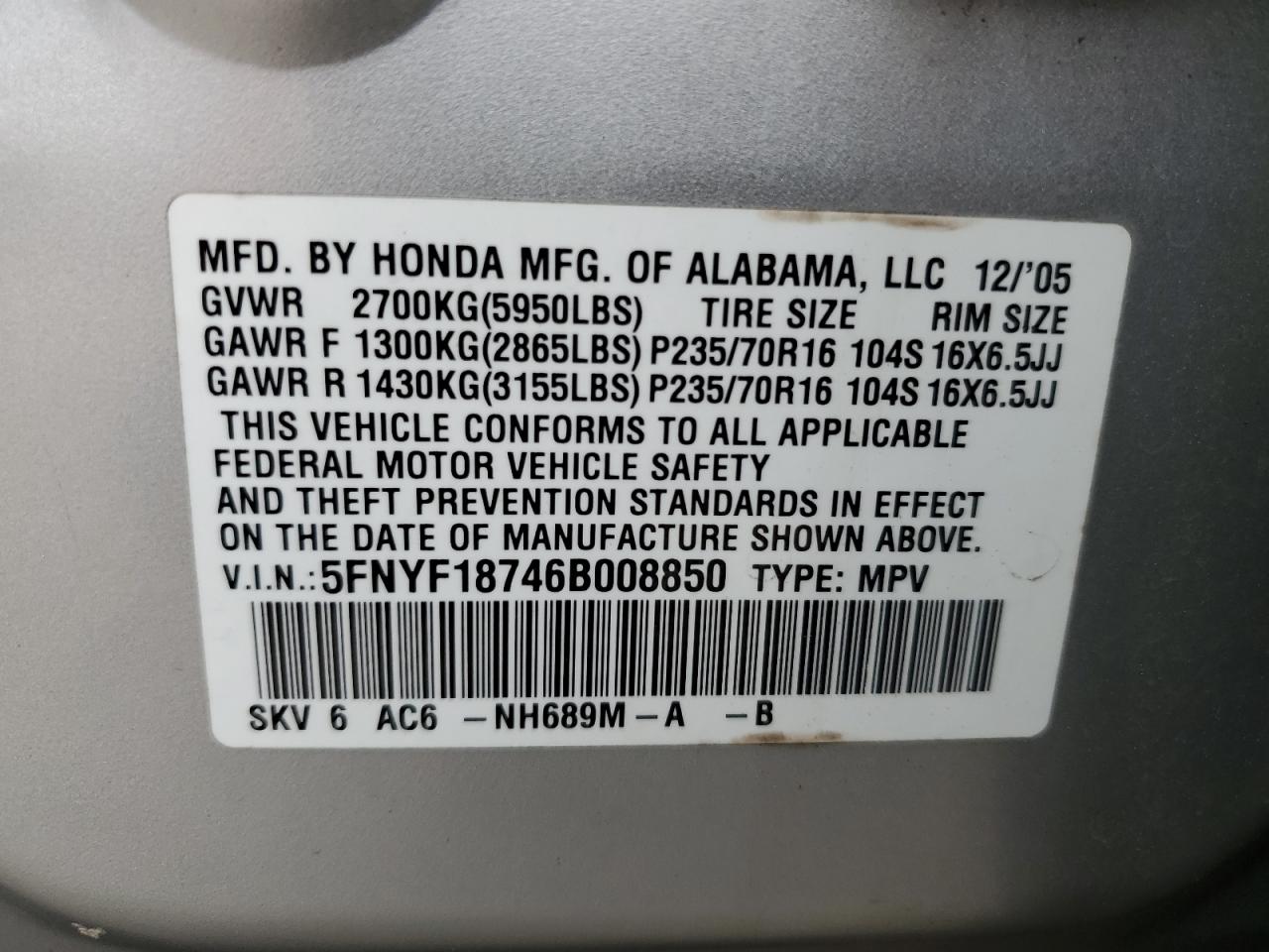 2006 Honda Pilot Ex VIN: 5FNYF18746B008850 Lot: 61821454