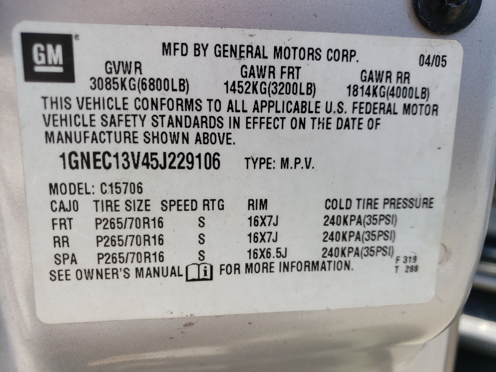 1GNEC13V45J229106 2005 Chevrolet Tahoe C1500