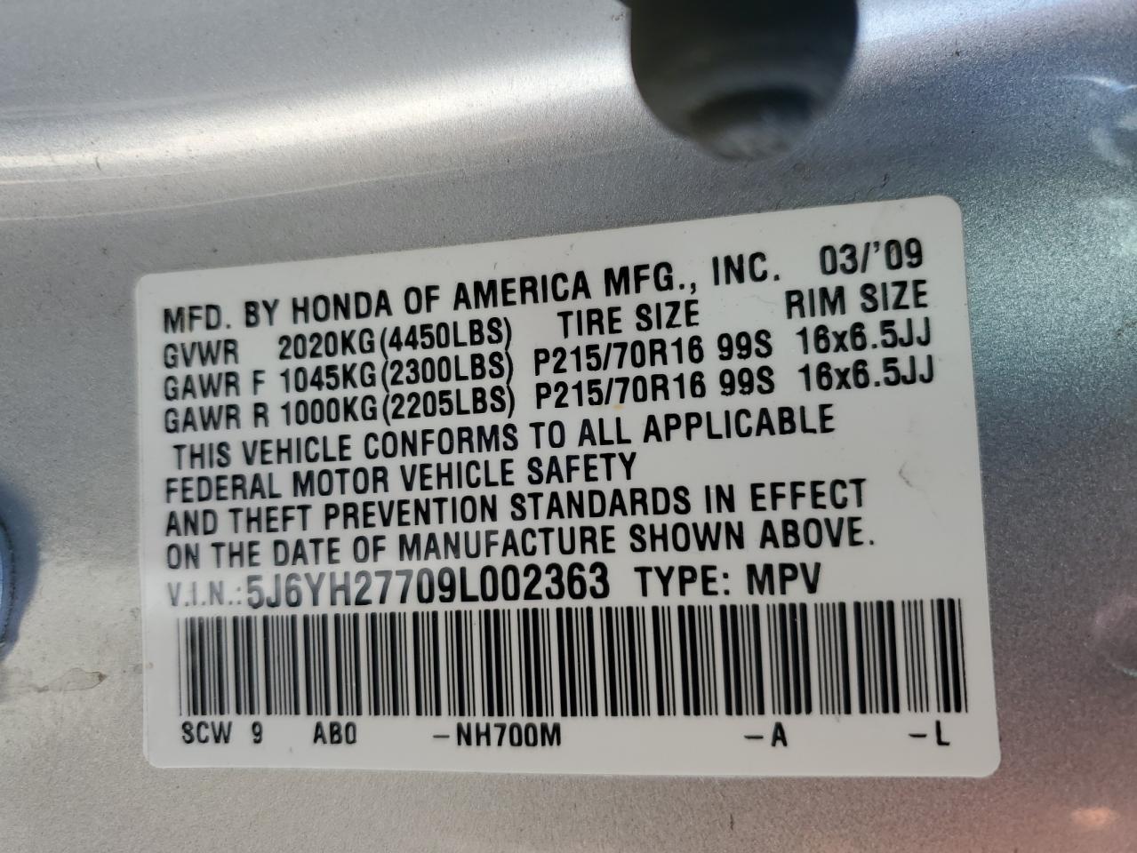 2009 Honda Element Ex VIN: 5J6YH27709L002363 Lot: 64868064