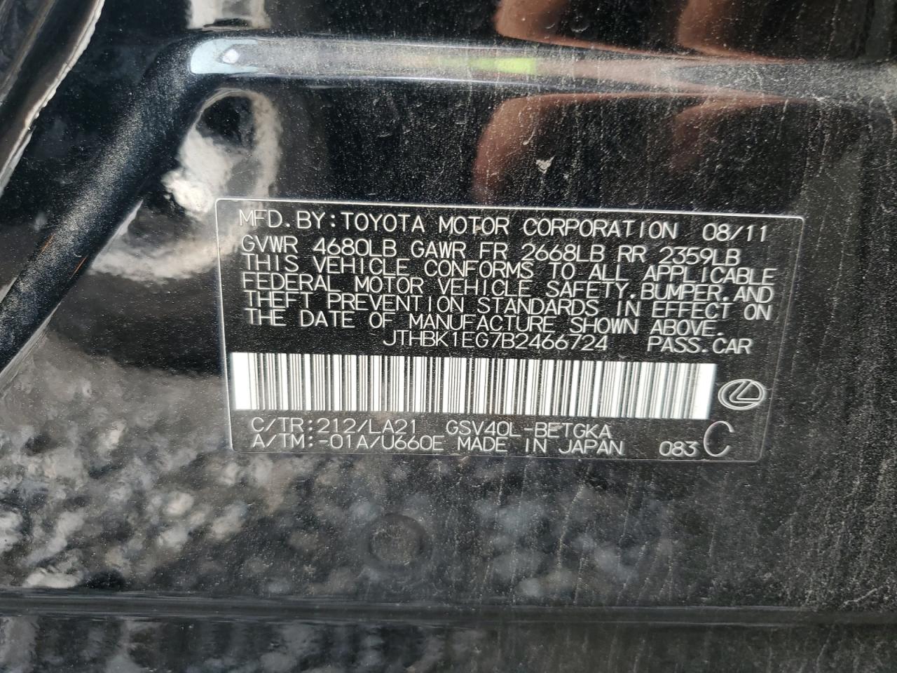 2011 Lexus Es 350 VIN: JTHBK1EG7B2466724 Lot: 64628844