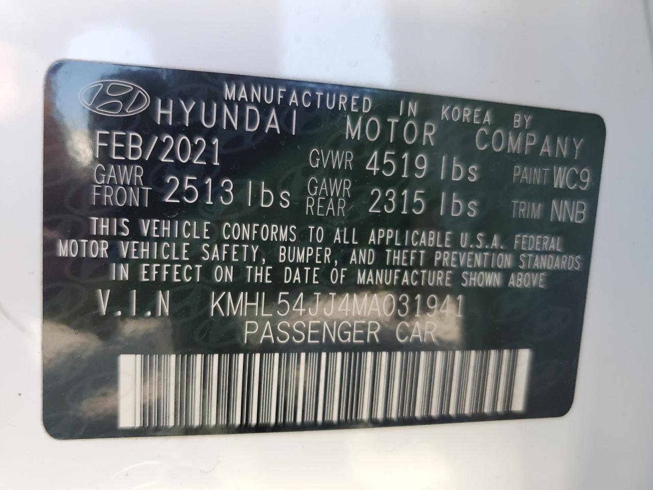 2021 Hyundai Sonata Hybrid VIN: KMHL54JJ4MA031941 Lot: 61756044