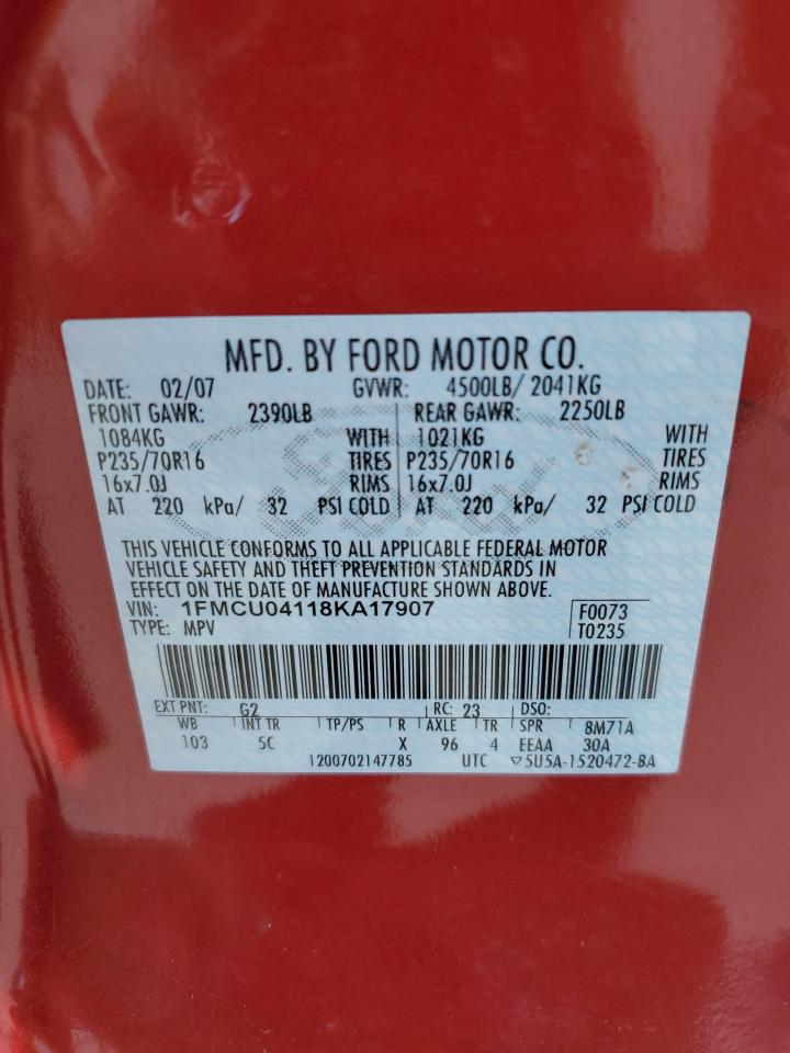 2008 Ford Escape Limited VIN: 1FMCU04118KA17907 Lot: 63065374