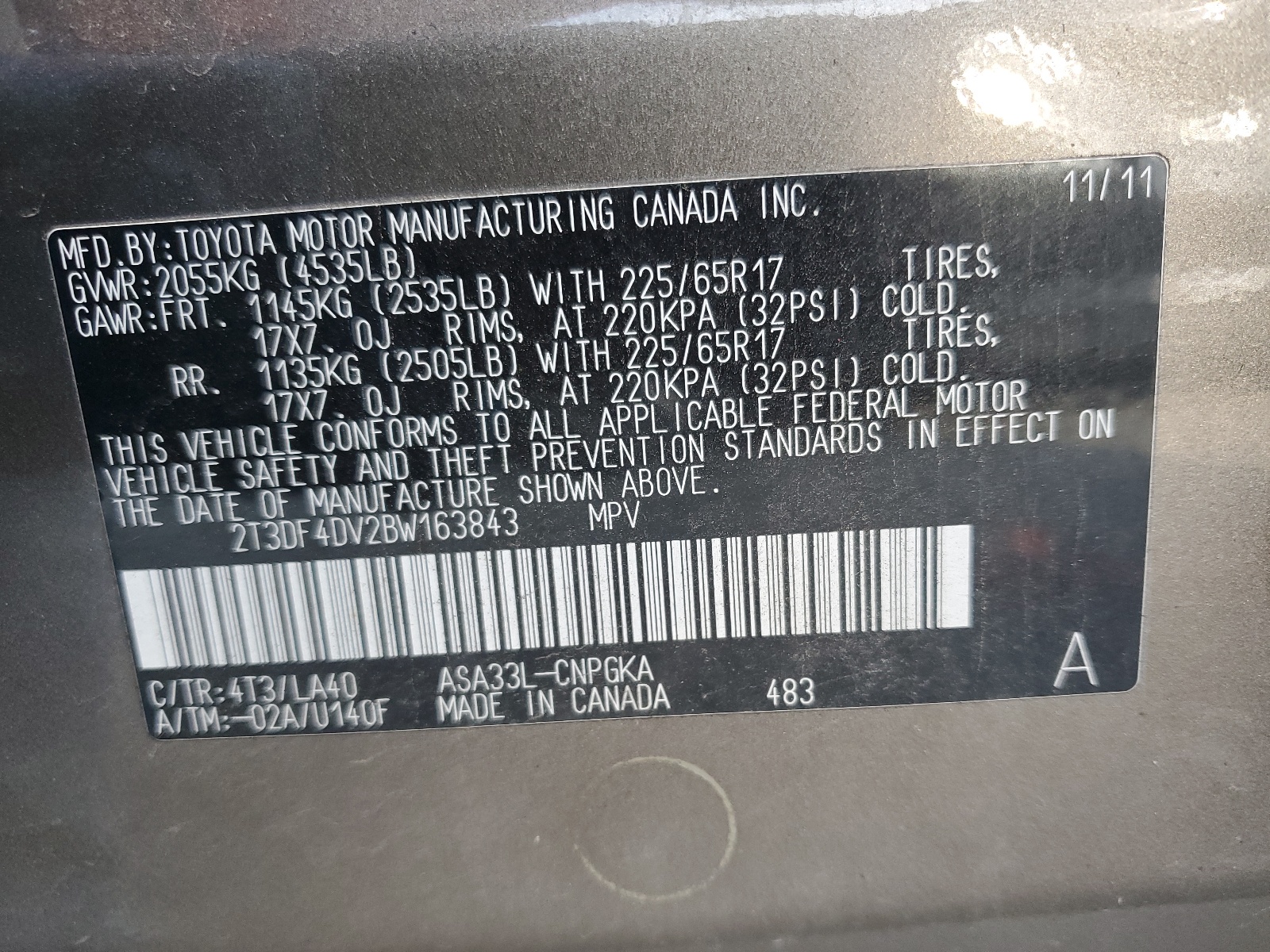 2T3DF4DV2BW163843 2011 Toyota Rav4 Limited