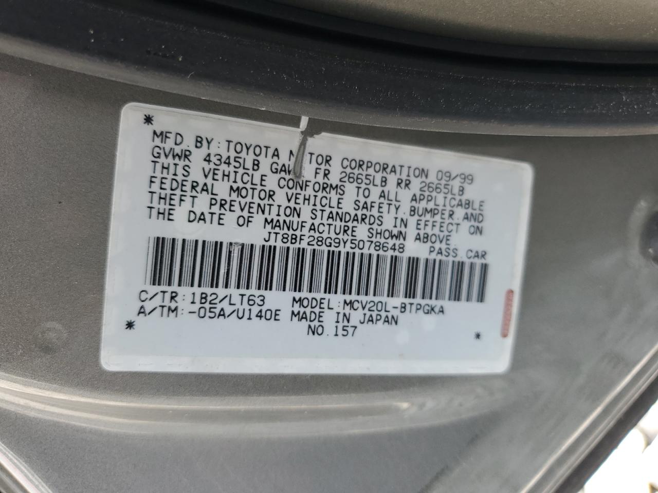 2000 Lexus Es 300 VIN: JT8BF28G9Y5078648 Lot: 61863544