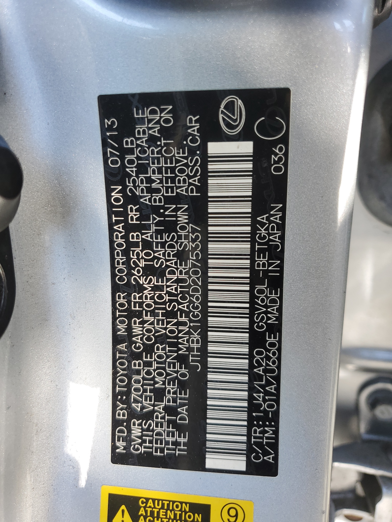 JTHBK1GG6D2075337 2013 Lexus Es 350