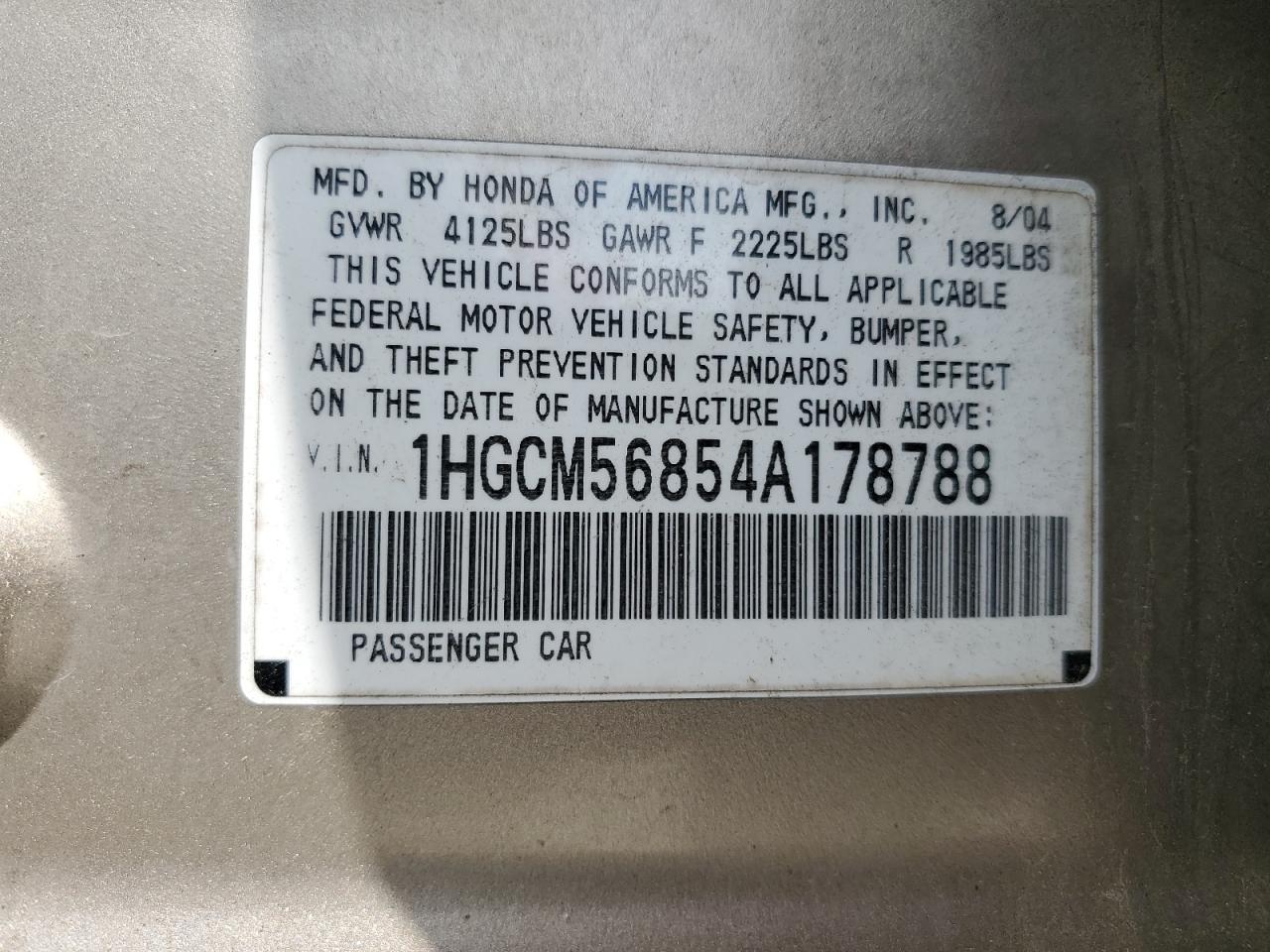 1HGCM56854A178788 2004 Honda Accord Ex