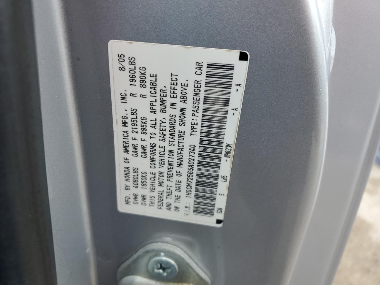 2005 Honda Accord Lx VIN: 1HGCM72565A027340 Lot: 63190394