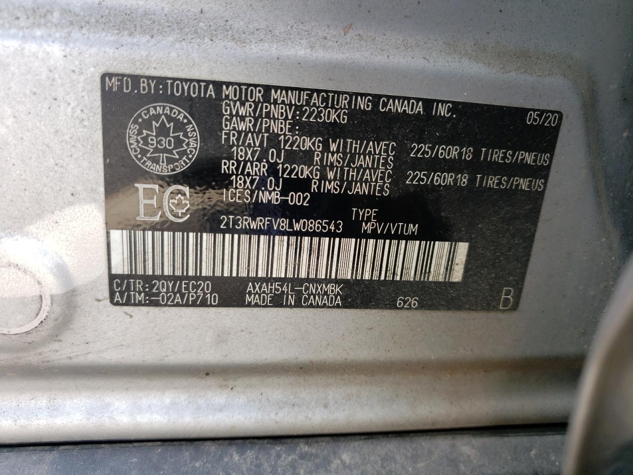 2020 Toyota Rav4 Xle VIN: 2T3RWRFV8LW086543 Lot: 62871524